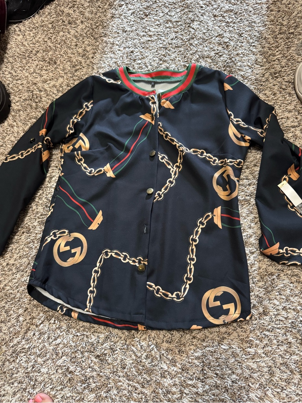 Black Button-Front Chain Print shirt with Red-Green Trim